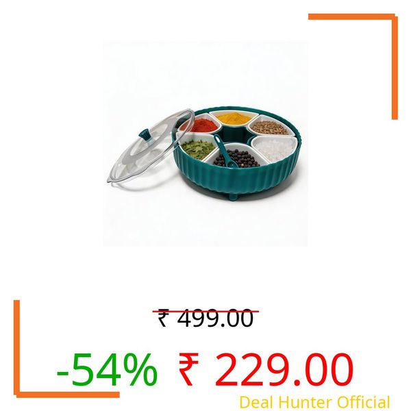 KEATON 360° Rotating Masala Box for Kitchen | 7 Section Spice Storage Container with Transparent Lids | Elegant Rangoli Dabba (Green)