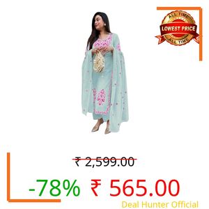 GoSriKi Women's Viscose Straight Embroidered Kurta with Pant and Dupatta (Jivanta Sky Blue-GS_M_Sky Blue_Medium)