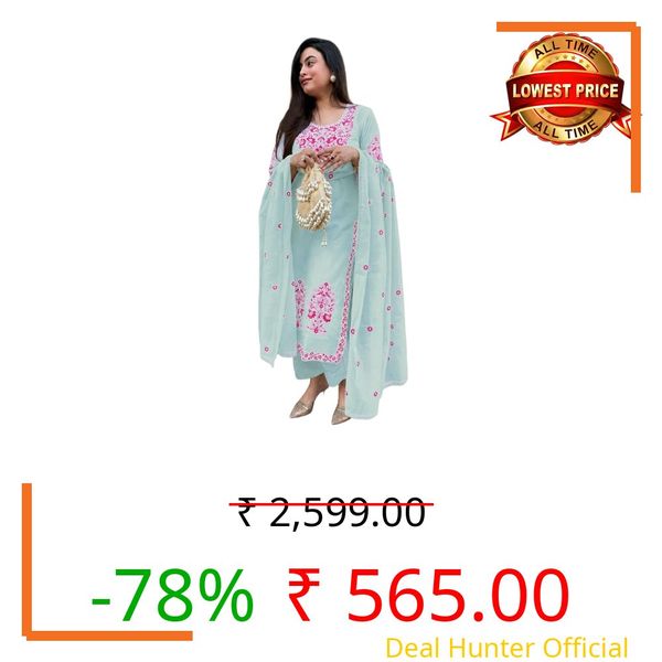 GoSriKi Women's Viscose Straight Embroidered Kurta with Pant and Dupatta (Jivanta Sky Blue-GS_M_Sky Blue_Medium)
