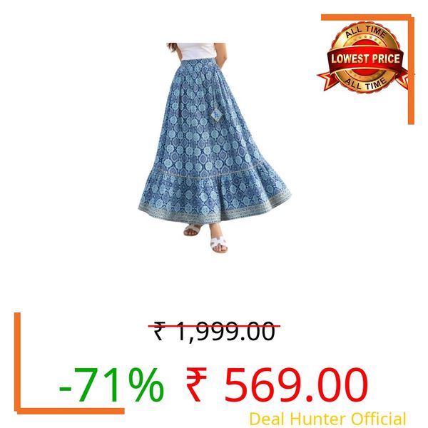 GRECIILOOKS Women's Elastic Waist Long Skirt's for Women | Maxi Skirt for Women High Waist | Boho Ethnic Flared Skirts | Indian Casual Summer Beach Skirts | Long Skirt Rayon Printed Blue