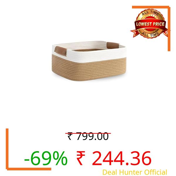 AuraNest Pack of 1-12x8x5 inch, Rectangle Handwoven Jute Cotton Basket | Eco-Friendly Shelf Baskets for Kitchen, Living Room, Office Ideal for Storage, Organization & Gift Hampers (Beige And White)