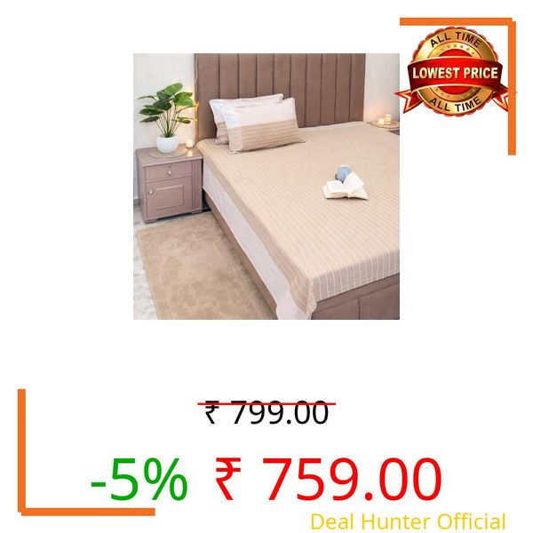 Manmohakk Handloom Cotton Striped Double Bed Bedsheet with 2 Pillow Covers | Lightweight and Comfortable | Woven Striped | Super Soft King Size Bedsheet (Beige)