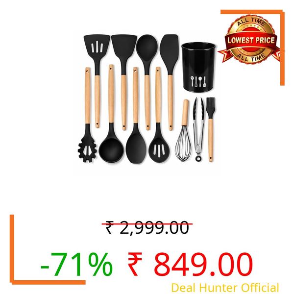 Umite Chef Silicone Kitchen Utensils Set 12 Pcs with Wooden Handles | Heat Resistant Non Stick Cooking Tools Set | Spatula Ladle Whisk Tongs Brush Kitchen Accessories Set - Black