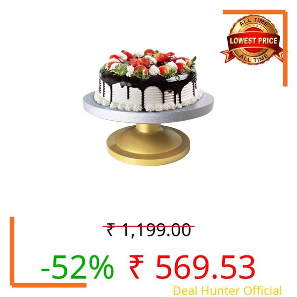 AADHIK Cake Turntable Rotating Decorating Stand 12 Inch | 360° Cake Icing Display Base | Kitchen Accessories | Fiber Non Slip Cake Stand with Silver Top & Golden Base for Baking & Serving