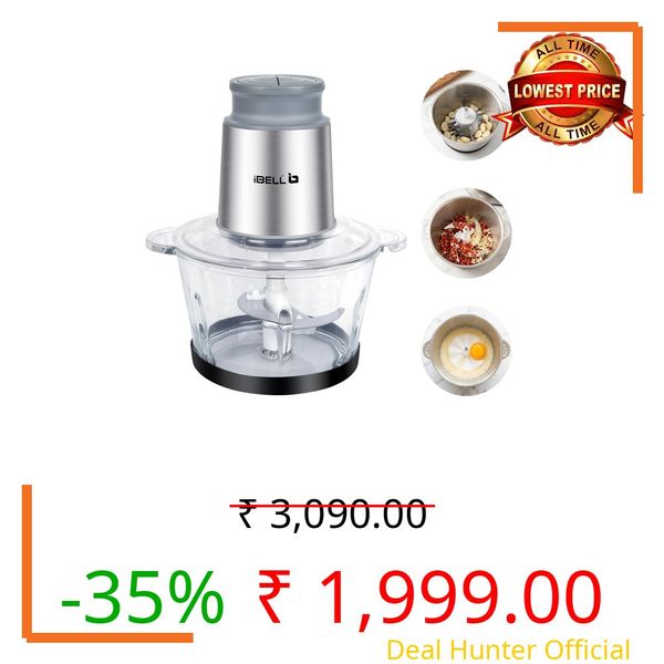 IBELL MT200GPRO Electric Chopper - 2 Litre Glass Bowl, 700W, Multi Purpose for Cutting Slicing Meat, Vegetables, Nuts & Fruits with Garlic Peeler and Egg Whisker (Silver)