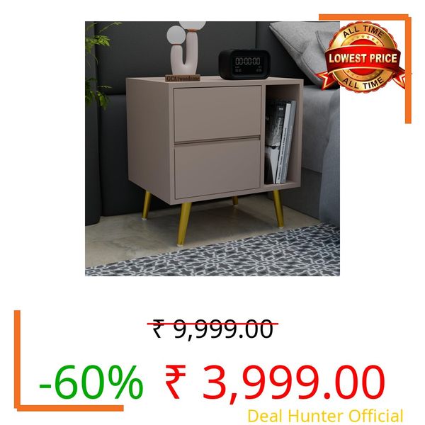 GCA1 WOODZONE Wooden Bedside Table for Bedroom | Bedside Nightstand with 2 Drawers & Open Shelf | Premium HDMR Wood with Iron Legs (Light Beige)