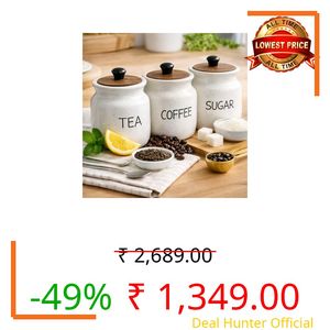 The Deluxe Creations Tea Coffee Sugar Jar Set – Ceramic Kitchen Storage Containers with Wooden Lid, Airtight Canister Set of 3 for Home & Kitchen Organization (Circular)