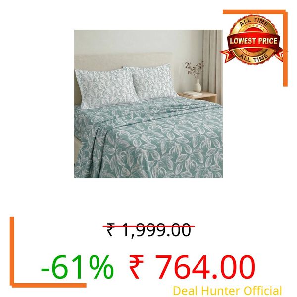 Huesland by Ahmedabad Cotton 144 TC Cotton Bedsheet for Double Bed King Size with 2 Pillow Covers | Teal & White Leaves
