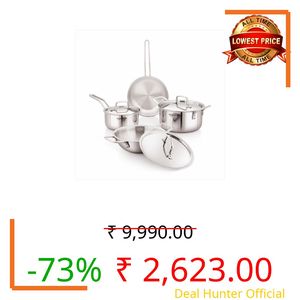 Amazon Basics Triply Stainless Steel Cookware Set 7 Pcs - Deep Kadai(3.4L), Saucepan(1.7L), Casserole(1.8L), Frypan(1.2L) | With 3 Stainless Steel Lids | Dishwasher Safe | Induction and Gas Compatible