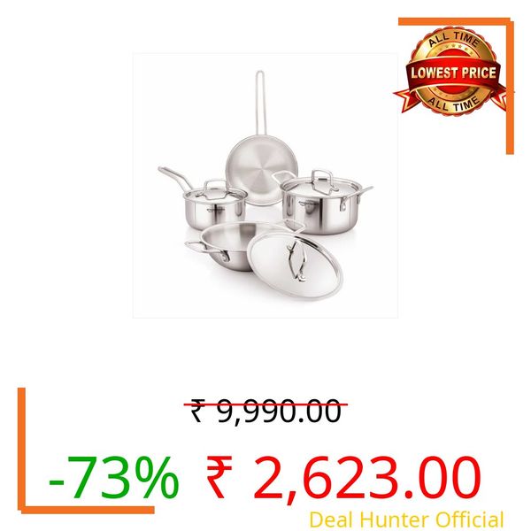 Amazon Basics Triply Stainless Steel Cookware Set 7 Pcs - Deep Kadai(3.4L), Saucepan(1.7L), Casserole(1.8L), Frypan(1.2L) | With 3 Stainless Steel Lids | Dishwasher Safe | Induction and Gas Compatible