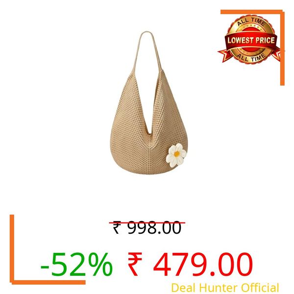 Crochet Bags for Women Stylish Beach Bag, Boho Bags for Womens with Large Brown Flower Accent, Foldable Travel Bag for Beach Vacations and Daily Use, Large Tote Bags for Women with Jute Texture Design