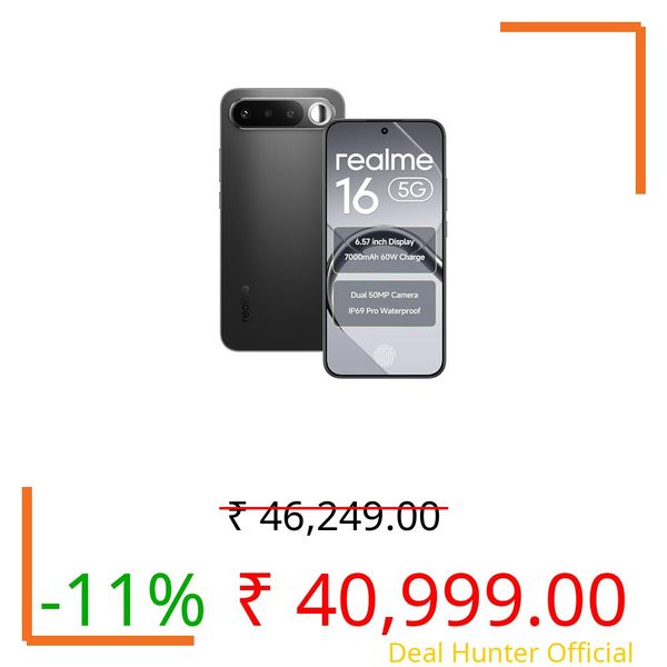realme 16 5G Smartphone 12GB RAM 256 ROM 6.57" AMOLED 120Hz Display, 7000mAh Titan Battery 60W Fast Charge, Dual 50MP AI Camera, MediaTek Dimensity 6400 Turbo Processor, IP69 Air Black