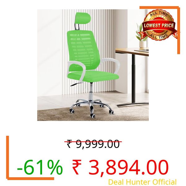 Casa Copenhagen,Mesh Office Desk,Rocking, Ergonomic Computer Chair Adjustable High with Headrest and Comfortable Armrest Swivel Chair - Leaf Green & White Handle