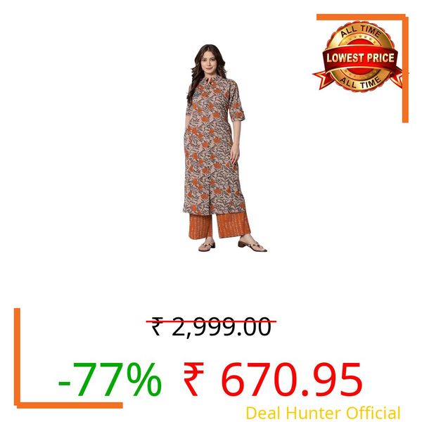 rytras Women's Cotton Printed A-Line Kurta with Palazzo Pant Set(Orange,RYT583,3XL)