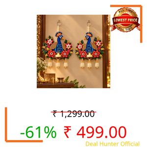 Divyakosh Peacock Hanging for Wall Decor, Set of 2 Decorative Peacock Hangings with 2 LED Lights, Diwali Hanging, Diwali Lights, Door Hanging for Home Entrance, Mandir, Pooja Room & Festive Decoration