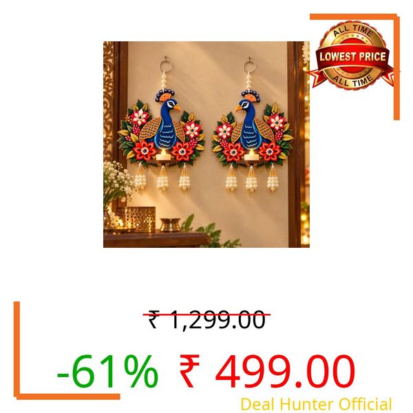 Divyakosh Peacock Hanging for Wall Decor, Set of 2 Decorative Peacock Hangings with 2 LED Lights, Diwali Hanging, Diwali Lights, Door Hanging for Home Entrance, Mandir, Pooja Room & Festive Decoration