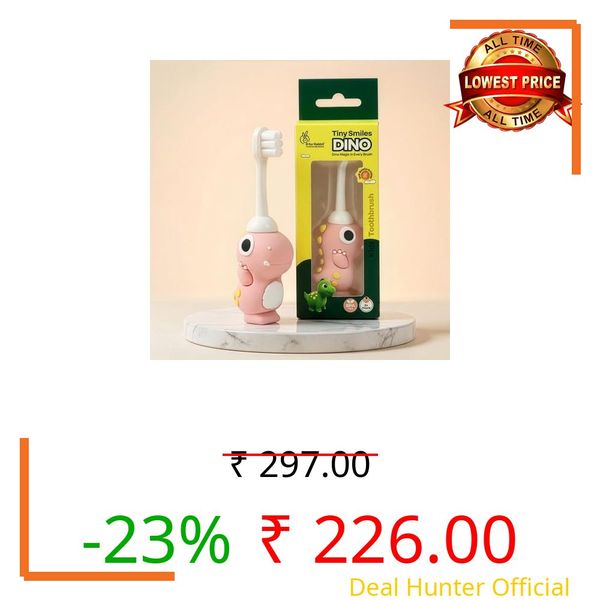 R for Rabbit Tiny Smiles Dino Kids Toothbrush with Tongue Cleaner for Toddlers & Babies 2+ Years | Extra Ultra Soft PBT Bristles, Gentle on Gums | Cute 3D Dinosaur Easy Grip Handle | BPA Free (Peach)