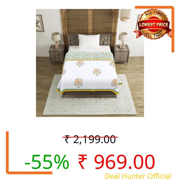 BLOCKS OF INDIA Hand Block Printed Cotton Single Size Reversible Malmal Dohar for Summer (Green Tree of Life)