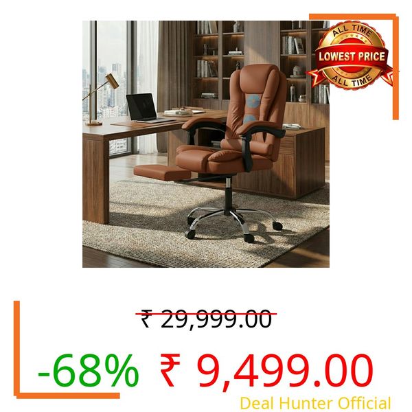 Casa Copenhagen Italia Leatherette Office Chair for Work | Boss Chair, Luxurious Cushioned Arms & Seat, 2 Point Back Massager, Adjustable Leg Rest, Heavy Duty Metal Base (Mud Brown)