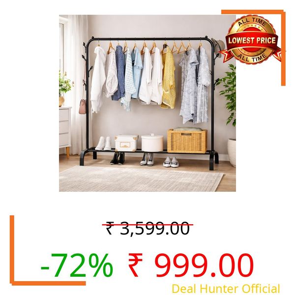 SNKR ESSENTIALS Metal Multifunctional Heavy-Duty Quality Garment Stand Cloth Rack Freestanding Storage Organizer With Bottom Shelves Adjustable Single Pole Coat Hanger