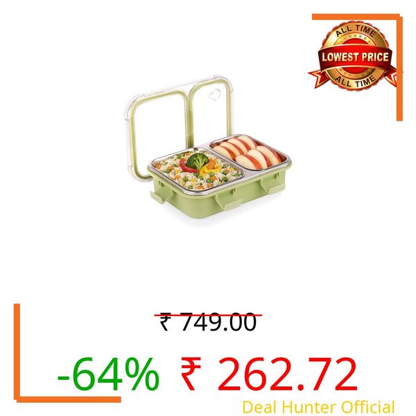 ATTRO Duo Meal Stainless Steel Lunch Box with 2 Partition, Microwave Safe, Airtight Leakproof Silicone Seal Lid, BPA-Free Food Grade Tiffin Box for Office School Kids – 650ml – Green