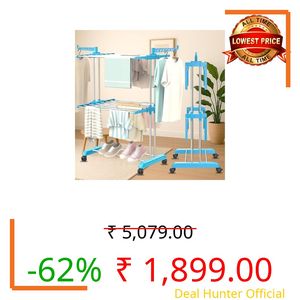 JD FRESH 3 Tier Stainless Steel Clothes Drying Stand/Cloth Dryer for Balcony/Indoor/Outdoor/Space Saving Cloth Hanger Stand with 24 Rods/Big Foldable Laundry Rack with Wheels (Blue)