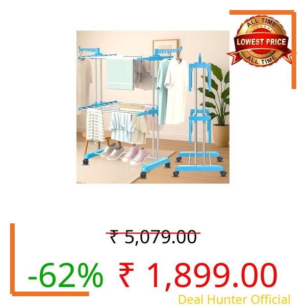 JD FRESH 3 Tier Stainless Steel Clothes Drying Stand/Cloth Dryer for Balcony/Indoor/Outdoor/Space Saving Cloth Hanger Stand with 24 Rods/Big Foldable Laundry Rack with Wheels (Blue)