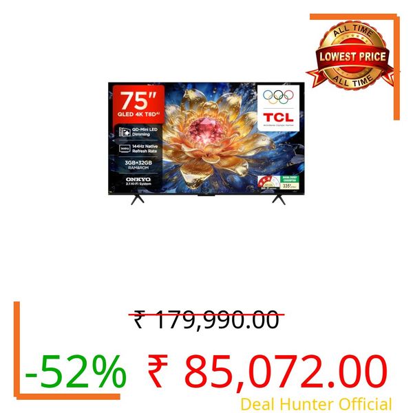 TCL 189 cm (75 Inches) 4K UHD Smart QLED Google TV | QD-Mini LED Dimming | 144Hz Refresh Rate | 3GB RAM | 42W Onkyo 2.1ch Speakers | 75T8D