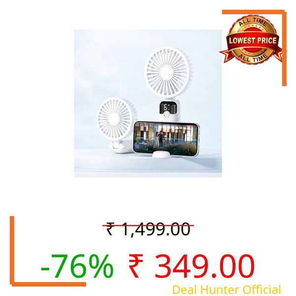 One94Store Rechargeable Handheld Fan | 1800mAh Battery | 6 Speed Modes Touch Control | Hanging Neck Fan with Mobile Stand | Portable Mini Fan for Travel, Office, Home & Outdoor | (White)