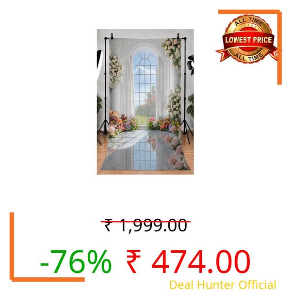 Wedding Flower Photography Backdrop Cloth White Arched Window Floral Garden Background with Marble Floor for Bridal Portraits, Prom, and Romantic Photoshoots Size 8 Feet Height & 5Feet Width (8 * 5)
