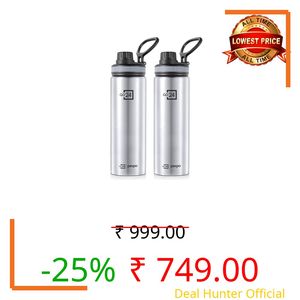 PEXPO Aqua Sip 900 ISI Certified Stainless Steel Sipper Water Bottle - 800ml (Pack of 2)| Single Wall Fridge Bottle | Easy to Carry Handle | For Home, Office, Gym, Trekking - Silver