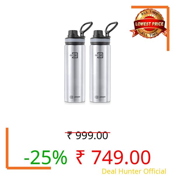 PEXPO Aqua Sip 900 ISI Certified Stainless Steel Sipper Water Bottle - 800ml (Pack of 2)| Single Wall Fridge Bottle | Easy to Carry Handle | For Home, Office, Gym, Trekking - Silver