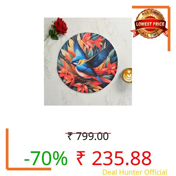 LaVichitra Cotton Table Placemat | Dining Table Mat | Bed Side Table Mat | Cotton Round Shape Placemats | Washable PlaceMat for Shelves & Plant Pots - Pack of 2, Blue Bird