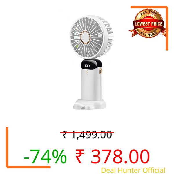 One23POP Portable Handheld Fan USB-C Rechargeable | Mini Table Fan with LED Digital Display, 5 Speed Wind, 90° Adjustable | Personal Cooling Fan for Office, Travel, Outdoor & Home (LED White)