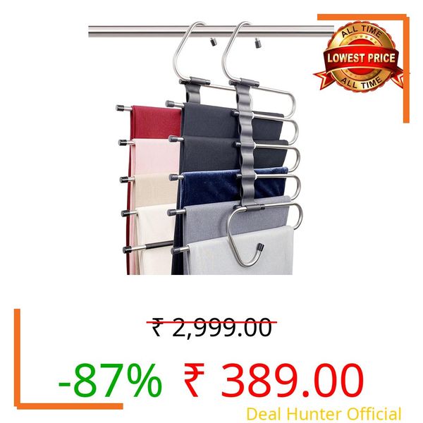 Shynora (2-Pack) Multipurpose 5 in 1 Hangers for Pant, Stainless Steel Fordable Hangers for All Types of Clothes, Multilayer Pant Hanger for Wardrobe, Multipurpose Hanger Organizer for Home (Black)