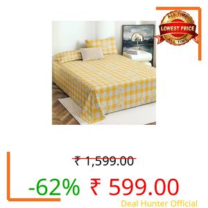 VOMZER King Size (90x100) 300 TC Soft Cotton Feel Microfiber Flat Double Bedsheet with 2 Pillow Covers | Yellow Check