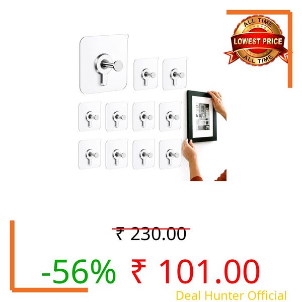 NaturalCozy Photo Frame Hooks for Wall Without Drilling, 10 Pack Self Adhesive Hooks for Wall Heavy Duty Strong Nail Free for Hanging Photo Frame (Hanging Hook, Transparent) Stainless Steel