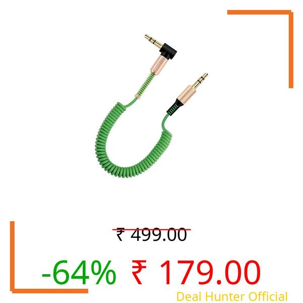 skysia 3.5mm AUX Cable – Spiral Spring Male-to-Male Audio Cord with 90° Right Angle Jack, Stretchable & Tangle-Free Steel Spring Design for Car, Headphones & Speakers Etc (Pack of 1) (Green)