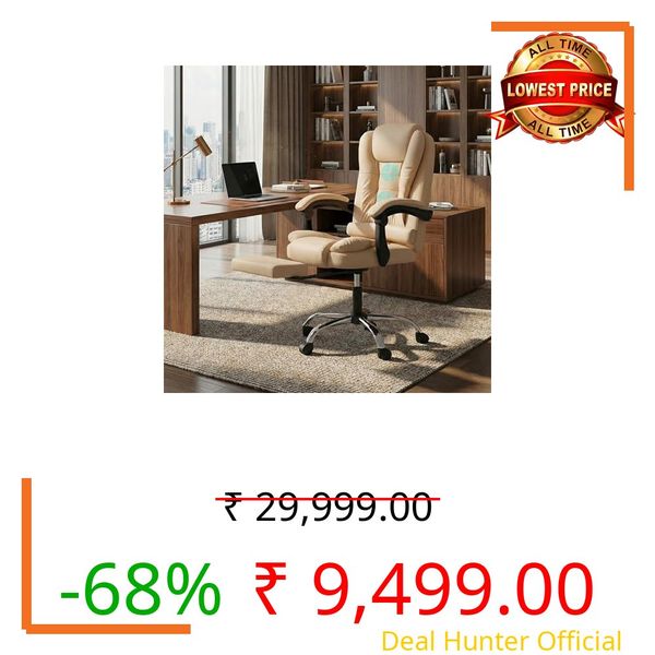 Casa Copenhagen Italia Leatherette Office Chair for Work | Boss Chair, Ergonomic Executive, Luxurious Cushioned Arms & Seat, 2 Point Back Massager, Adjustable Leg Rest, Heavy Duty Metal Base (Beige)