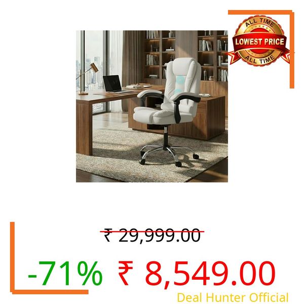 Casa Copenhagen Italia Premium Leatherette Office Chair for Work | Boss Chair, Ergonomic Executive, Luxurious Cushioned Arms & Seat, 2 Point Back Massager, Heavy Duty Metal Base (White)