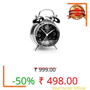 RUCON ® Table Analog Clock 4.5 Inches Alarm Super Loud for Heavy Sleepers Retro Twin Bell Metal Frame Clock with Night Backlight Function Bedside Alarm for Bedroom/Office (Black Silver)