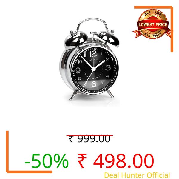 RUCON ® Table Analog Clock 4.5 Inches Alarm Super Loud for Heavy Sleepers Retro Twin Bell Metal Frame Clock with Night Backlight Function Bedside Alarm for Bedroom/Office (Black Silver)