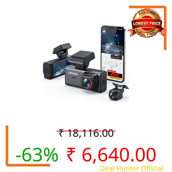 Lenovo 2 Channel Dash Cam for Car (New Edition) | 4K Front + 1080P Rear Dual Recording, WiFi App Control, Night Vision, 140° Wide Angle, Parking Monitor | T6-B2V