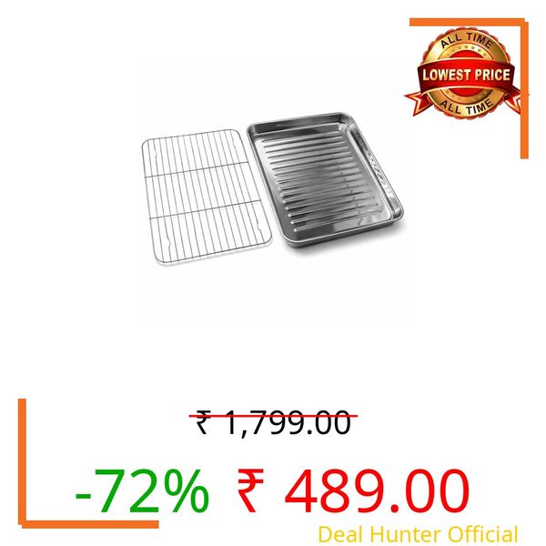 Lexara Stainless Steel Baking Tray with Cooling Rack Set,Oven Safe Roasting Pan with Wire Rack for Cookies Cake Bread Multipurpose Drip Tray for Grilling Baking Roasting Kitchen Use (9.6X7.2)