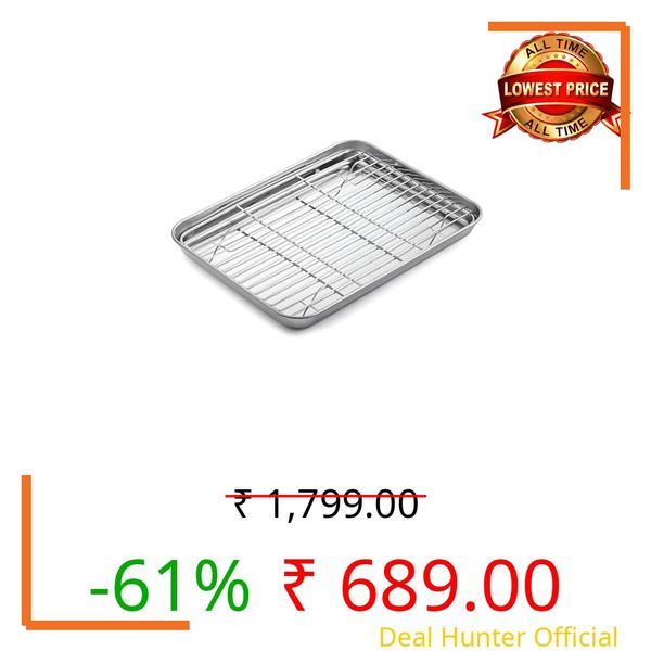 Lexara Stainless Steel Baking Tray with Cooling Rack Set,Oven Safe Roasting Pan with Wire Rack for Cookies Cake Bread Multipurpose Drip Tray for Grilling Baking Roasting Kitchen Use (12.5X10)