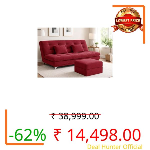 Deco Studio Velvet 3-Seater Futon Sofa Bed with Ottoman – Tufted Sleeper Couch with Adjustable Backrest– Living Room Furniture-Red