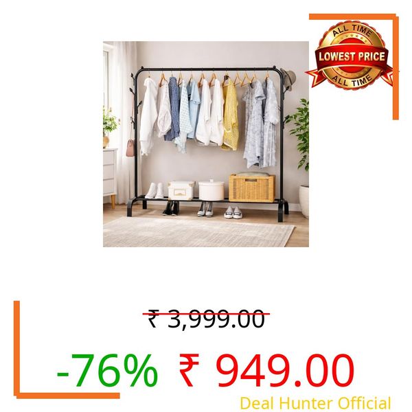HOMIDEC Metal Multifunctional Heavy-Duty Quality Garment Stand Cloth Rack Freestanding Storage Organizer With Bottom Shelves Adjustable Single Pole Coat Hanger (A_Black)