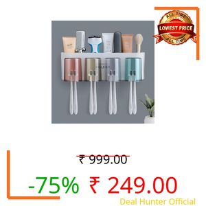 Wall Mounted Toothbrush Holder with Toothpaste Dispenser Bathroom Organizer Storage Rack Multi Functional Brush Stand Hygienic Dustproof Family Use Space Saving Durable Design vivinin (4 Cups)