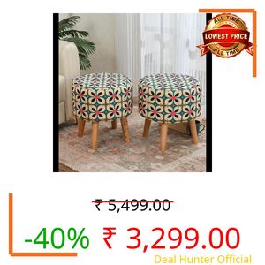 NACIA Printed Ottoman Stool Set of 2 | Soft Cushioned Velvet Pouf Footrest with Wooden Legs | Decorative Seating Stool for Bedroom Living Room Home & Office (16x16x17 Inch, Boho Chic)