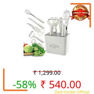 JB'S LAND 6-Piece Kitchen Tool Set with Holder | Stainless Steel Knife, Peeler, Whisk, Scissors & Bottle Opener | Multipurpose Kitchen Gadgets Set | Anti-Slip Handle | Space Saving Organizer